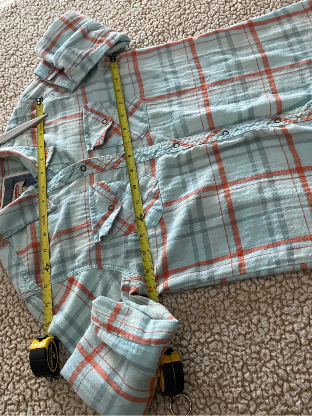 Arizona Jean Company Light Aqua and Orange Plaid Button-Up Shirt - Picture 3 of 9